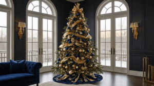 An elegant 7-foot Christmas tree draped in deep navy blue, aged gold, and cream ornaments stands against charcoal gray walls, surrounded by rich velvet ribbons and magnolia stems, with warm ambient lighting and a navy velvet sofa, creating a luxurious living room atmosphere.