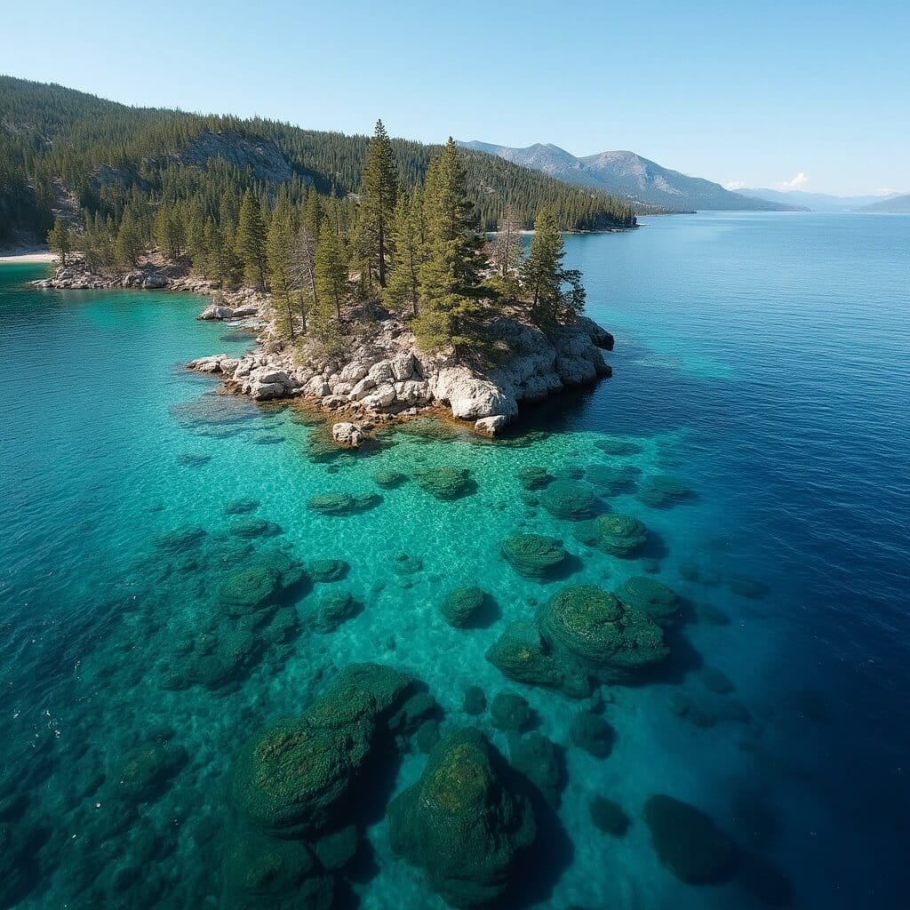 Cinematic view of Emerald Bay in Lake Tahoe with historic Fannette Island, diverse water color gradients, rocky shoreline, dense pine-covered slopes and Vikingsholm Castle, all seen from a paddleboarder's perspective in early afternoon sunlight.