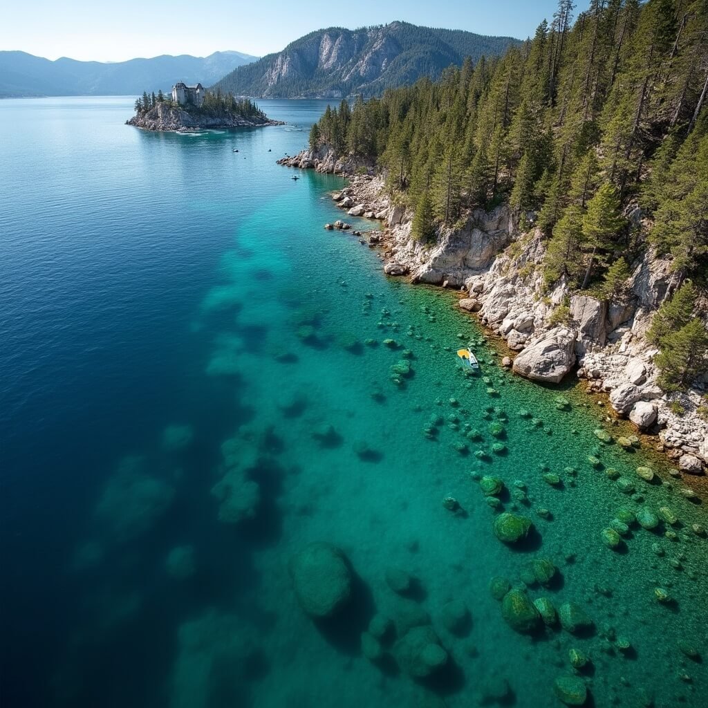 Paddleboarder's view of Emerald Bay, Lake Tahoe with Fannette Island, Vikingsholm Castle, pine-covered slopes, and clear waters revealing under-water rock formations in early afternoon sunlight.