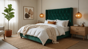 Cinematic bedroom interior with deep emerald tufted velvet headboard, layered white linen duvet, warm amber lighting, jute area rug, floating oak nightstands, abstract earth tone artwork, fiddle leaf fig plant, sheer curtains, and a cozy reading nook.