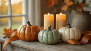 Overhead view of embossed ceramic pumpkins in burnt orange, sage green, and cream on a rustic wooden console with LED candles, a copper ribbon, and a sage linen runner, all illuminated by warm golden hour light.