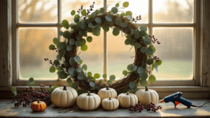 Ultra-wide shot of a rustic fall wreath assembly with eucalyptus, ceramic pumpkins, and berry sprigs on a weathered wooden surface, illuminated by golden hour light, highlighting textures and artisanal crafting tools.