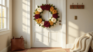 A warm farmhouse entryway featuring a white wooden door decorated with a vibrant felt flower wreath, showcasing burgundy spiral roses, mustard cabbage roses, and cream ranunculus, illuminated by soft morning light that casts gentle shadows on neutral walls; includes vintage brass hooks, weathered leather textures, and a cozy wool throw, creating an inviting atmosphere with rich textures and rustic elegance.