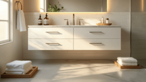 Cinematic bathroom interior featuring a sleek floating white vanity with a marble countertop, warm morning light, brushed nickel faucet, organized toiletries, and plush white towels, conveying a spa-like atmosphere.