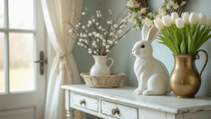A beautifully styled French cottage entryway featuring a distressed white console table with a large white ceramic bunny, a vintage brass vase with fresh white tulips, and delicate willow branches, all bathed in soft morning light, creating a cozy and inviting Easter atmosphere.