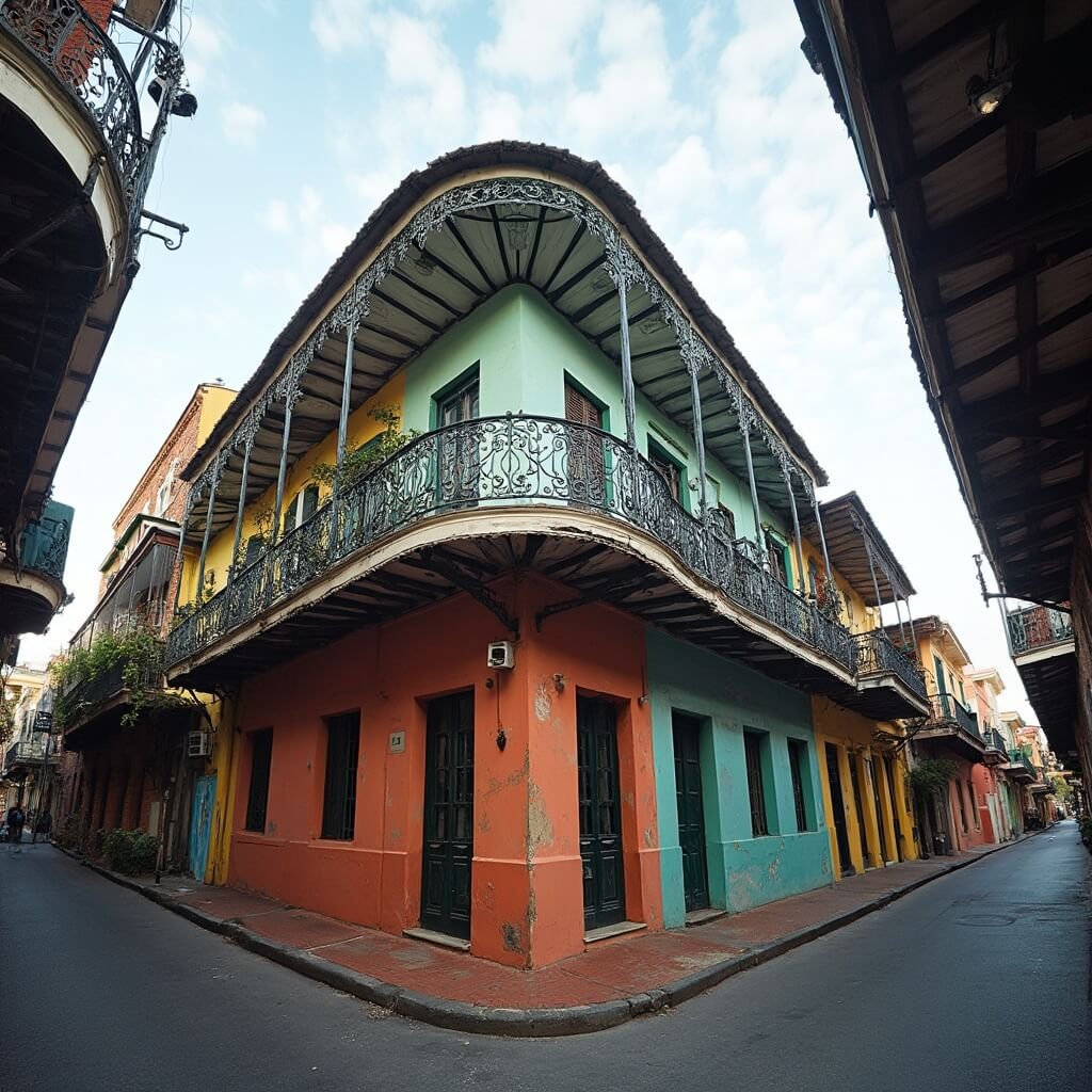 Dramatic wide-angle shot of French Quarter streetscape, showcasing vibrantly colored Creole cottages, intricate cast-iron balconies, and aged textures in the soft morning light