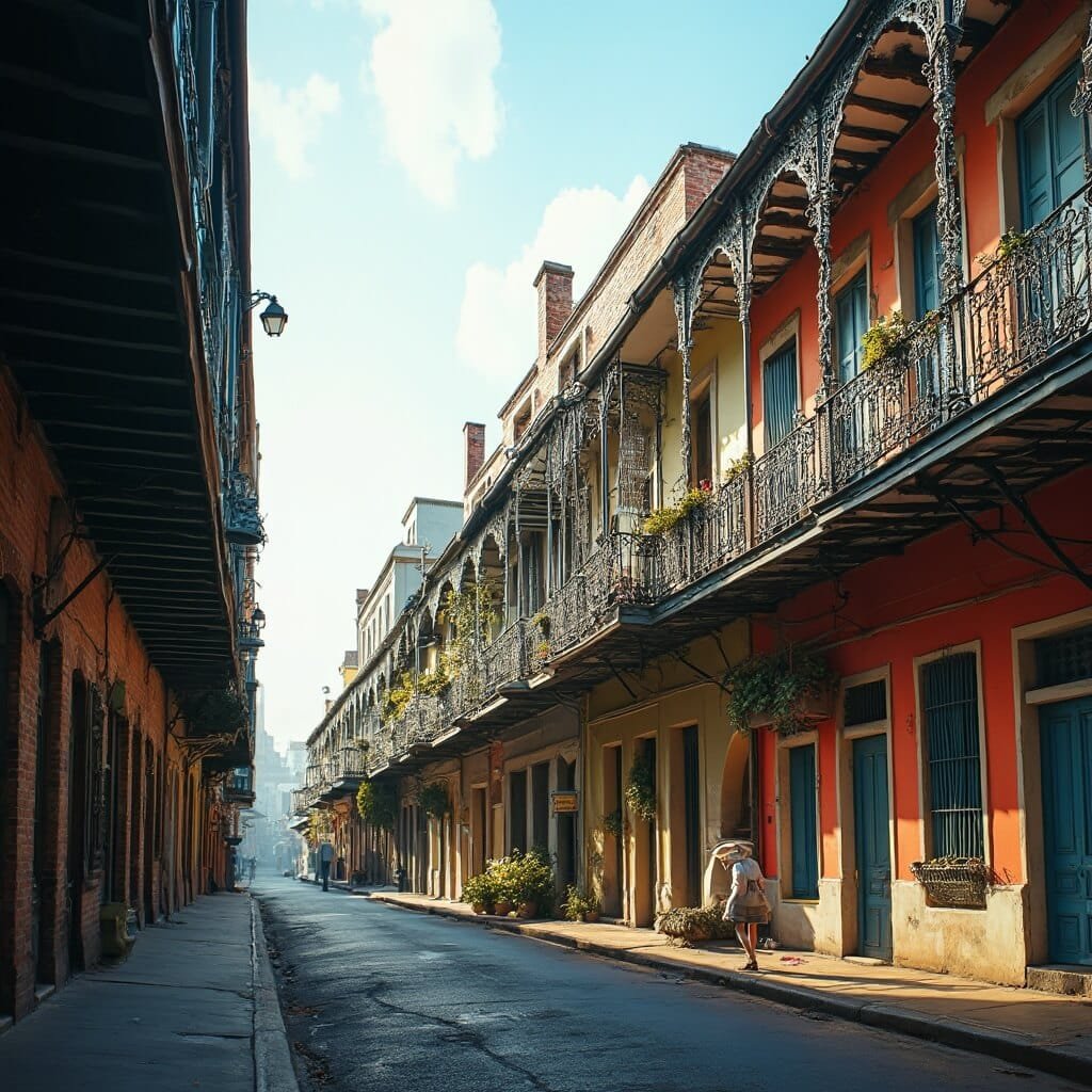 Dramatic wide-angle shot of vibrant Creole cottages, cast-iron balconies and historical textures in the French Quarter, with soft morning light highlighting architectural details and subtle human elements for scale.