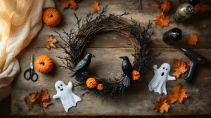 Overhead view of a Halloween wreath crafting workshop featuring black glitter twigs, mini pumpkins, and tulle ghosts on a vintage farmhouse table, illuminated by warm golden hour light.