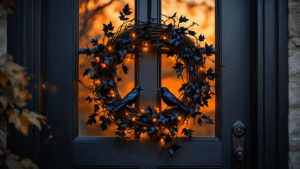 Cinematic Halloween wreath with grapevine base and black silk ivy on a charcoal door, featuring miniature glittered ravens and warm orange fairy lights, captured at twilight with dramatic side lighting.