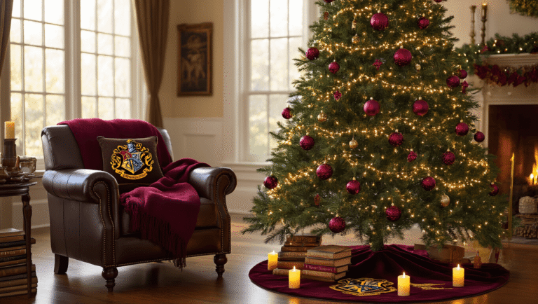 A cozy living room featuring a 6-foot Harry Potter Christmas tree adorned with burgundy and gold ornaments, golden snitch string lights, and unique ornaments like a chocolate frog, set against a backdrop of a rich leather armchair, weathered Harry Potter books, and a velvet Hogwarts crest tree skirt, all illuminated by warm candlelight.