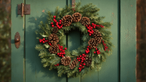Cinematic close-up of a handcrafted holiday wreath with red holly berries and pinecones on a weathered green wooden door, illuminated by warm golden hour lighting, showcasing intricate textures and organic layers.