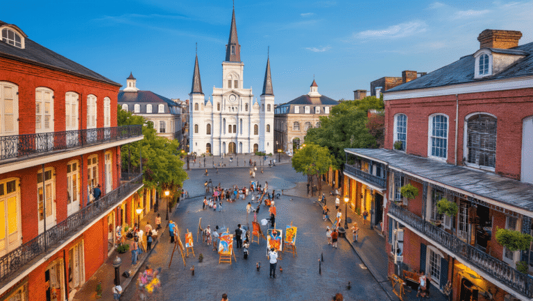 "Aerial view of Jackson Square in New Orleans during golden hour, with St. Louis Cathedral, Pontalba Buildings, street artists, jazz musician, and pedestrians visible"