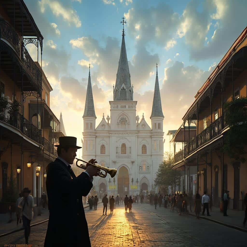 Jazz trumpeter performing in Jackson Square with the ornate St. Louis Cathedral's white spires in the backdrop during golden hour