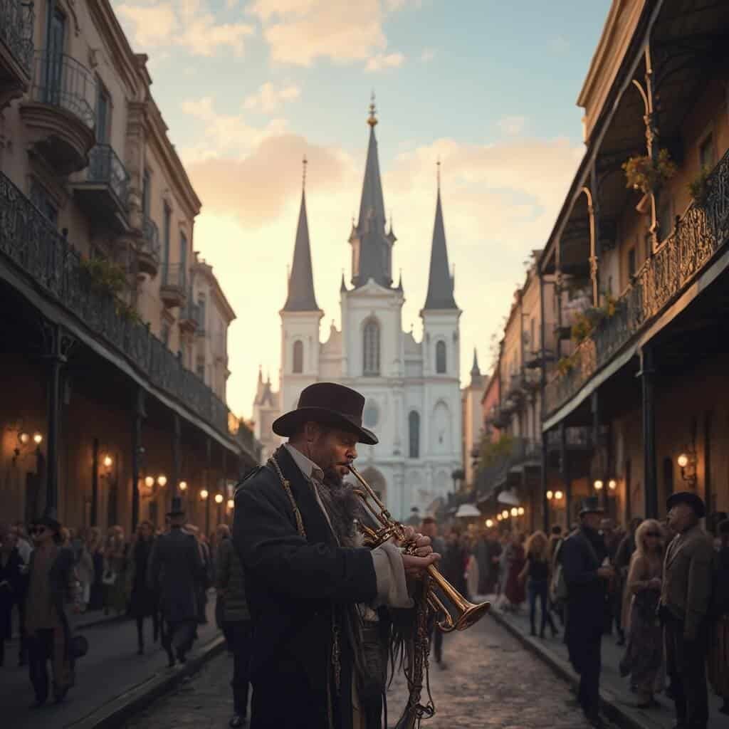 Jackson Square at golden hour, featuring St. Louis Cathedral's white spires against a blue sky and a jazz trumpeter in period clothing against intricate architecture and wrought-iron balconies.