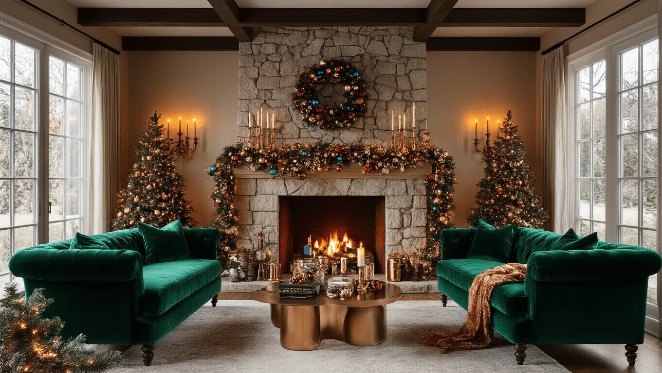 Cinematic wide-angle shot of a luxurious Christmas living room, featuring emerald velvet sofas, a grand stone fireplace with jewel-toned ornaments, and warm metallic accents, creating an intimate and inviting holiday ambiance.