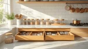Ultra-realistic kitchen scene showcasing organized bamboo drawer dividers, glass storage containers, and stainless steel appliances, illuminated by warm morning light on marble countertops, from an elevated angle.
