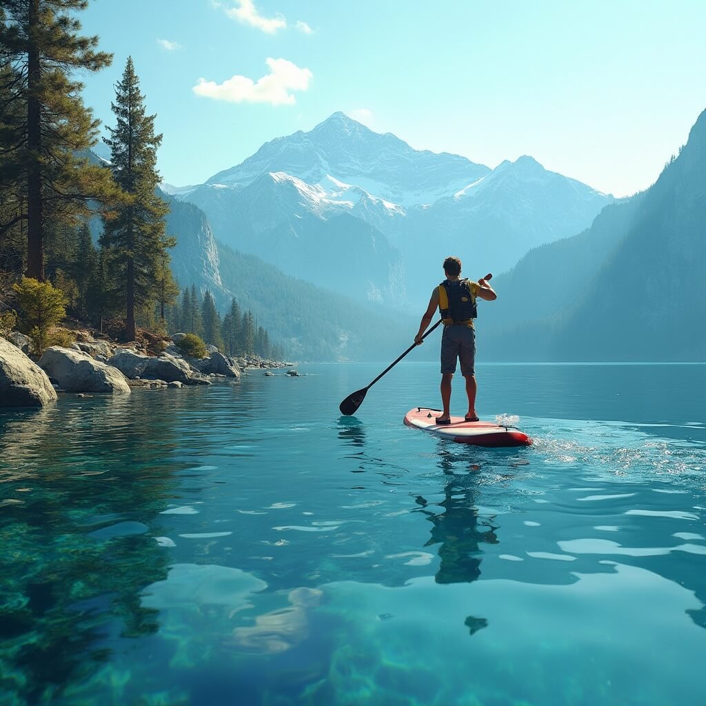Stand-up paddleboarder navigating azure waters of Lake Tahoe in morning light with Sierra Nevada mountains and pine forest in the background