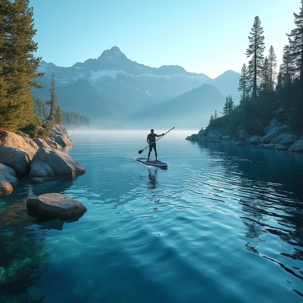 Stand-up paddleboarder in technical gear navigating the clear azure waters of Lake Tahoe during the golden hour, with the Sierra Nevada mountain range, granite boulders, and pine tree forests in the background