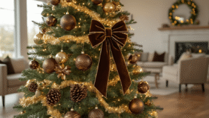 Luxurious 7-foot Christmas tree adorned with chocolate brown velvet ornaments, glossy glass, and glittery bronze spheres, featuring a dramatic oversized velvet bow and warm golden lighting, set in a modern living room with minimal furniture.