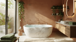 Ultra-luxurious spa bathroom featuring a freestanding white marble bathtub, brass fixtures, warm terracotta accent wall, and floor-to-ceiling windows with soft morning sunlight, creating an inviting spa-like atmosphere.