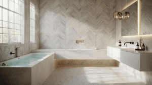 A luxurious modern bathroom featuring herringbone marble tiles on the shower wall, greige porcelain floor tiles, a floating white vanity with black fixtures, and warm golden hour lighting creating an inviting spa-like atmosphere.