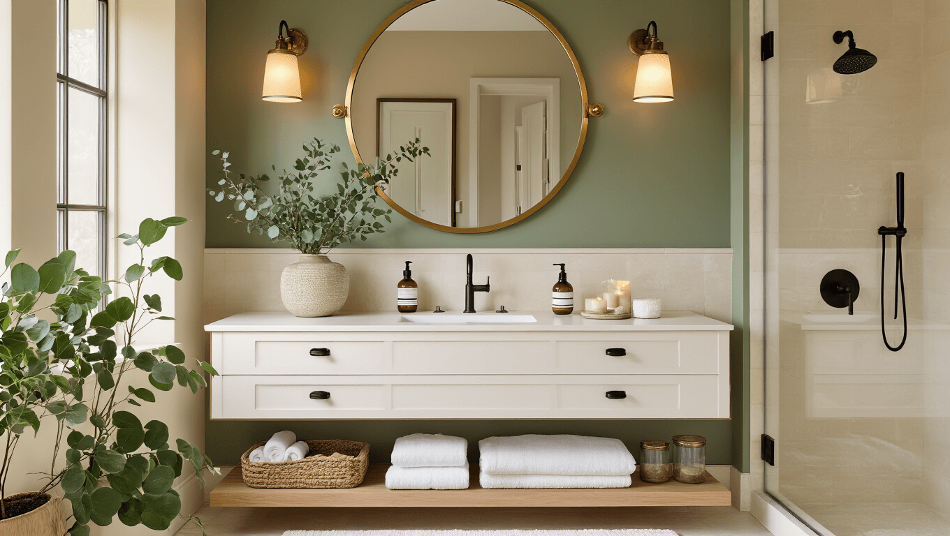 Ultra-luxurious guest bathroom with terracotta and sage green colors, featuring a round brass mirror above a white floating vanity, botanical decor, natural wood shelves, and warm ambient lighting.