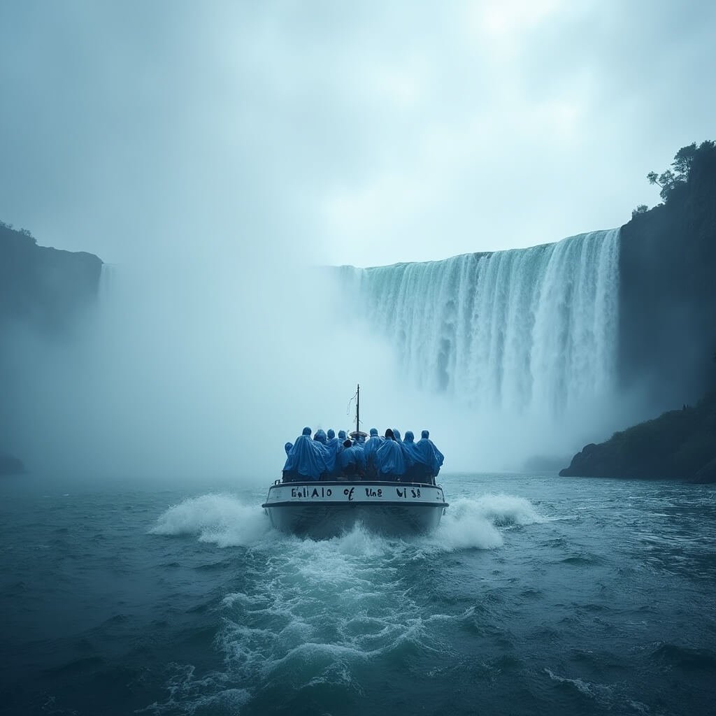 Maid of the Mist boat approaching Horseshoe Falls in dense mist, passengers in blue ponchos, with detailed rocky cliffs and water droplets in the air under early morning light