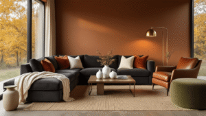 Cinematic wide shot of a modern living room with a charcoal sectional, terracotta velvet pillows, a leather accent chair, brass floor lamp, natural jute rug, walnut coffee table, autumn trees visible through floor-to-ceiling windows, and cozy decor in warm tones.