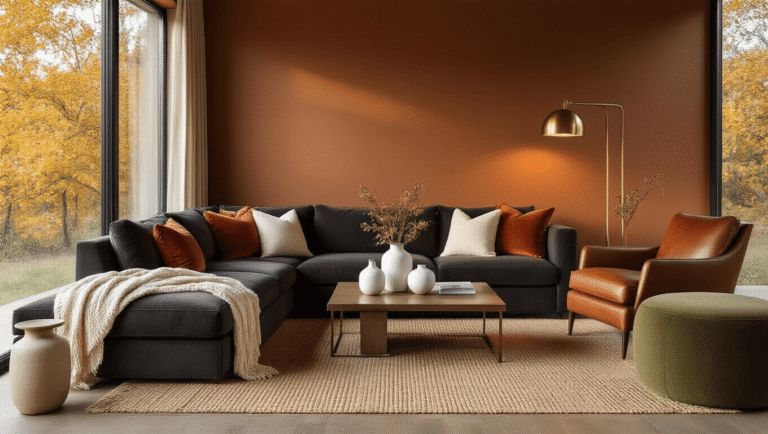 Cinematic wide shot of a modern living room with a charcoal sectional, terracotta velvet pillows, a leather accent chair, brass floor lamp, natural jute rug, walnut coffee table, autumn trees visible through floor-to-ceiling windows, and cozy decor in warm tones.