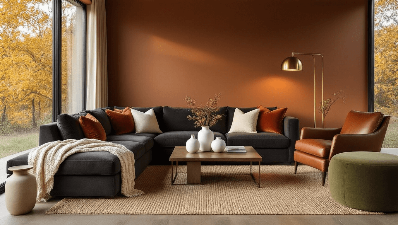 Cinematic wide shot of a modern living room with a charcoal sectional, terracotta velvet pillows, a leather accent chair, brass floor lamp, natural jute rug, walnut coffee table, autumn trees visible through floor-to-ceiling windows, and cozy decor in warm tones.
