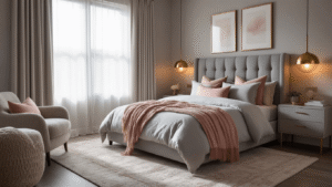 Cinematic wide-angle shot of a sophisticated grey bedroom with blush accents, featuring a plush upholstered headboard, layered bedding, warm brass lamps, and soft natural light filtering through sheer curtains, creating an inviting and dynamic atmosphere.