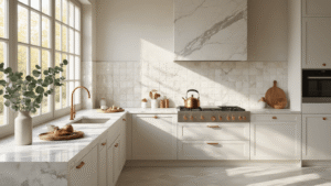 Ultra-realistic modern kitchen with handcrafted white zellige tiles, natural marble island, minimalist cabinetry, and warm brass accents, illuminated by soft morning light.