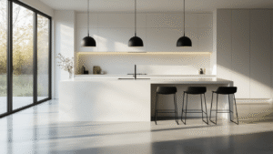 A modern minimalist kitchen island with a white waterfall porcelain countertop, matte black pendant lights, polished concrete floors, and stainless steel bar stools, bathed in warm morning light from large windows.