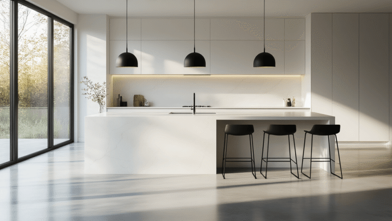 A modern minimalist kitchen island with a white waterfall porcelain countertop, matte black pendant lights, polished concrete floors, and stainless steel bar stools, bathed in warm morning light from large windows.