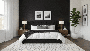 Luxurious monochrome bedroom featuring a matte black upholstered headboard against a textured black accent wall, crisp white walls, layered white linen bedding, geometric black-and-white pillows, and warm natural light filtering through sheer white curtains.
