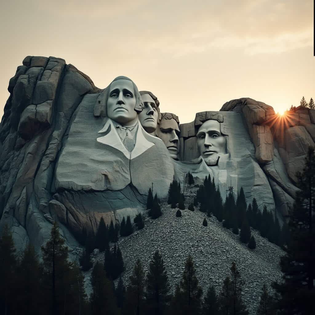 Dawn illumination of Mount Rushmore, showcasing presidential faces amidst misty Black Hills forest, under soft golden sunlight creating dramatic shadows, captured in high resolution with slight color desaturation