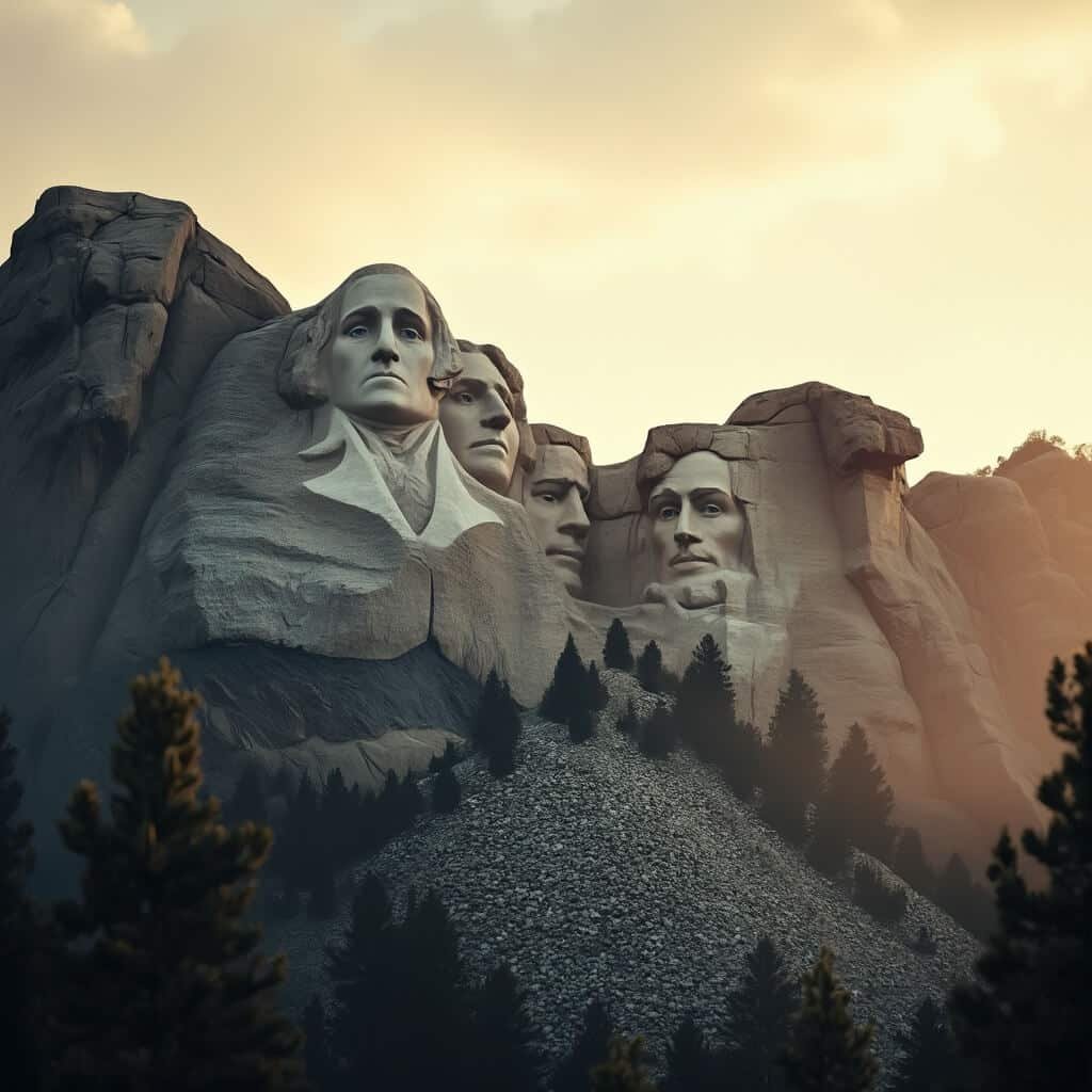 Mount Rushmore at dawn, with morning light casting dramatic shadows on presidential faces, surrounded by misty Black Hills forest, captured in high resolution with a 50mm prime lens, f/8 aperture