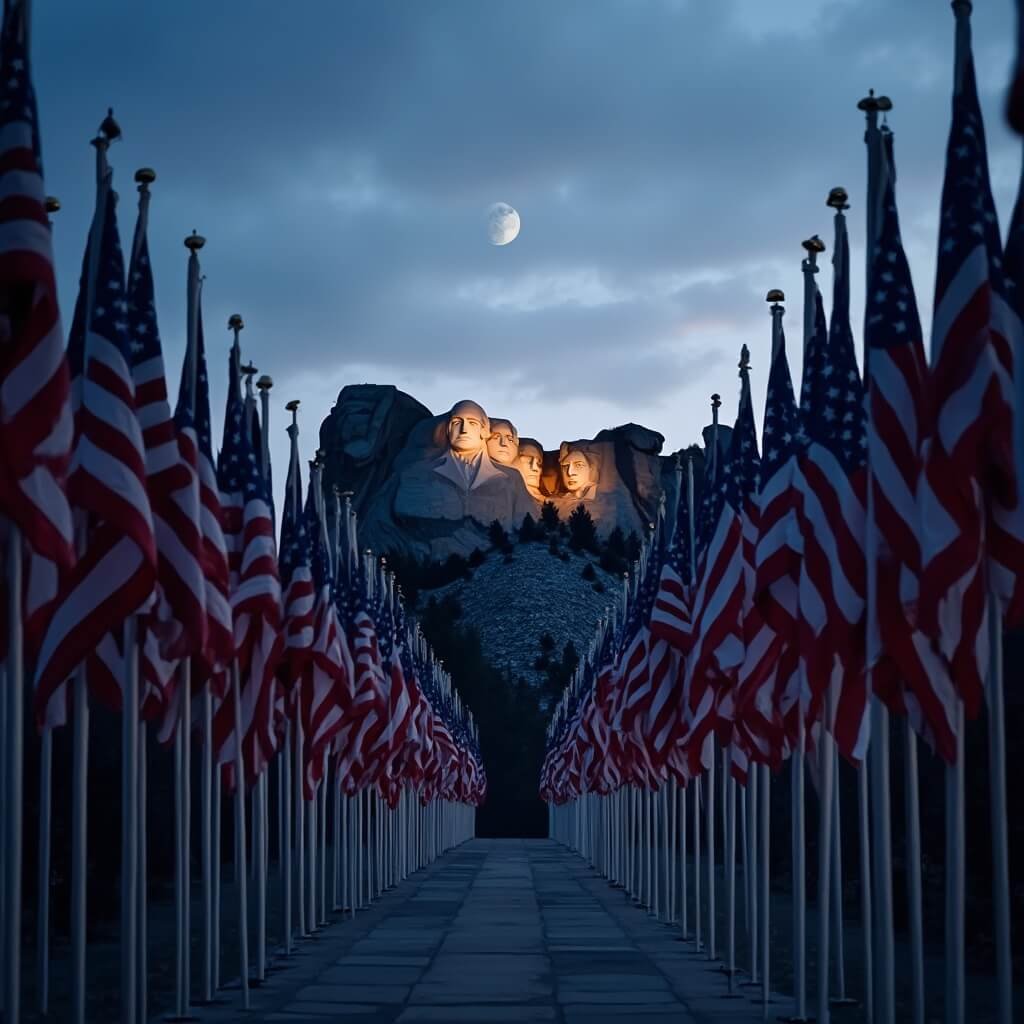 Mount Rushmore's Avenue of Flags under twilight sky, highlighting carved presidential details with warm lighting