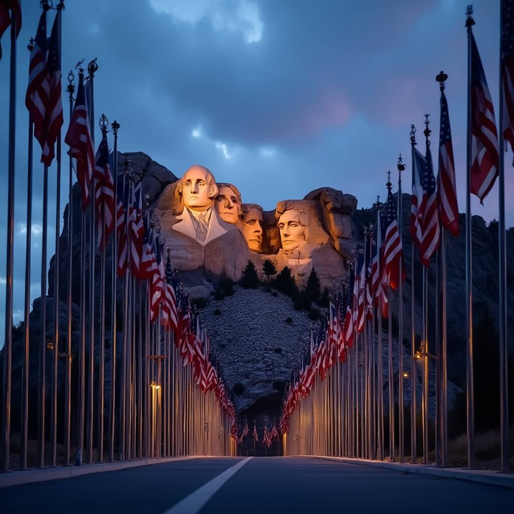 Dramatic twilight view of Mount Rushmore through the Avenue of Flags