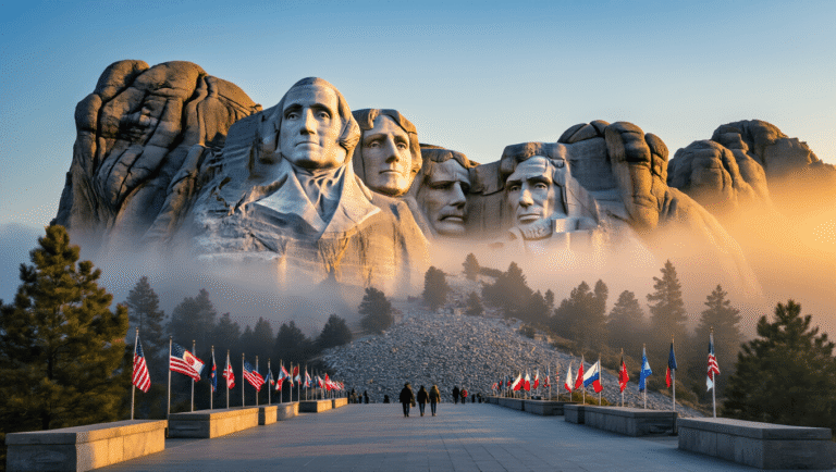 "Early morning view of Mount Rushmore with lifting fog, golden sunrise, Avenue of Flags in the foreground, and early visitors on the Presidential Trail."