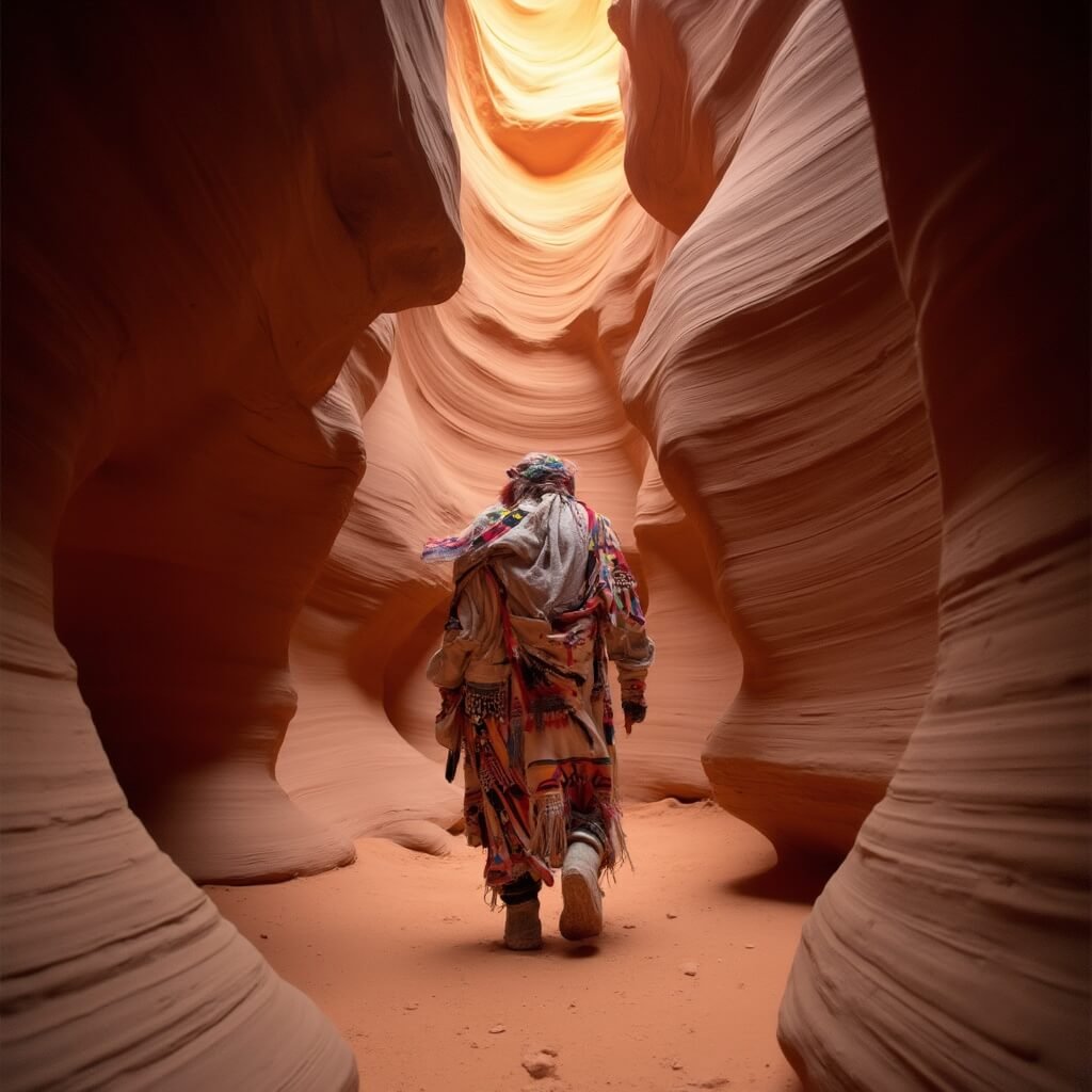 Navajo guide walking through Lower Antelope Canyon's sandstone passageways, showcasing indigenous cultural connection to the landscape