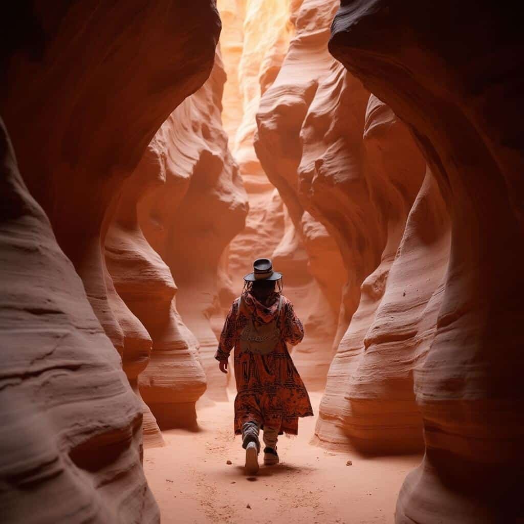 Navajo guide in traditional attire walking through Lower Antelope Canyon's sandstone passageways, showcasing cultural connection to sacred landscape and massive geological formations