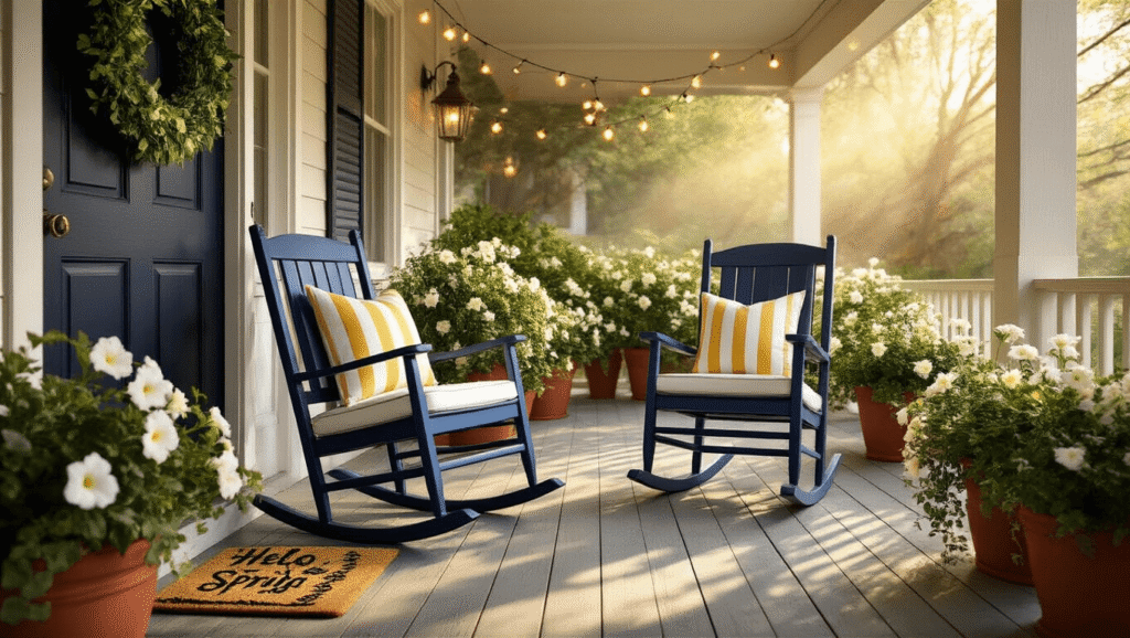 Cinematic wide-angle view of a spring front porch with navy rocking chairs, striped cushions, petunia-filled planters, warm morning light, and a eucalyptus wreath on a black door.