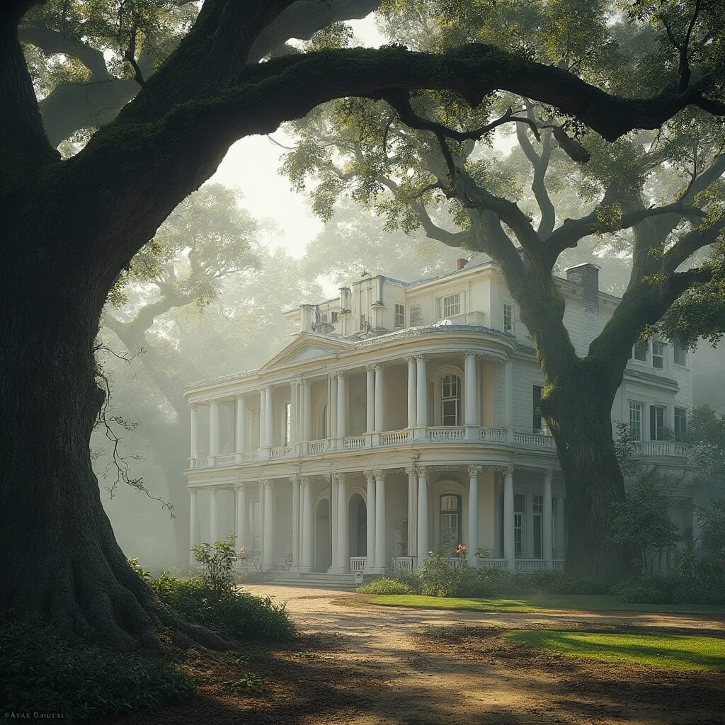 Early morning view of a grand antebellum mansion in New Orleans Garden District, with giant live oak trees, ornate balconies, and lush gardens.
