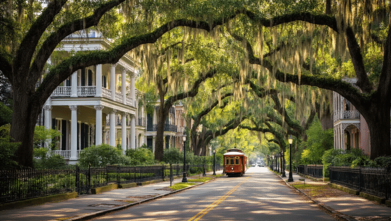 "Antebellum mansions with Greek Revival architecture in New Orleans' Garden District, with a streetcar passing, ancient oak trees and Spanish moss forming natural archways, vibrant gardens, ornate ironwork, and Lafayette Cemetery in the background"