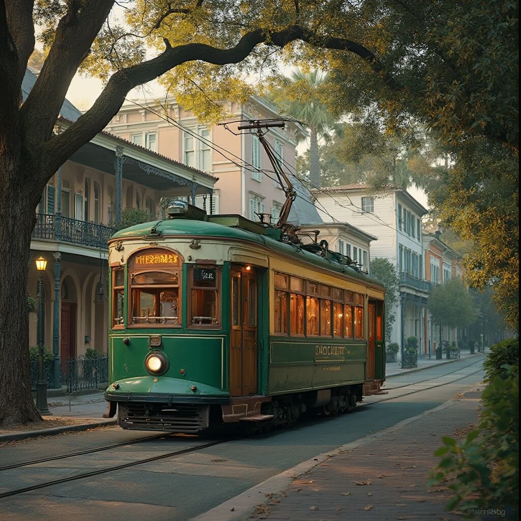 Vintage green streetcar moving under live oak trees in the historic Saint Charles Street, New Orleans, surrounded by Italianate and Victorian mansions in soft golden light
