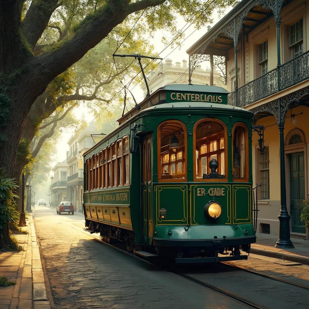 Vintage emerald green streetcar traveling through the historic Saint Charles Street, lined with Victorian mansions and lush vegetation, in golden hour light
