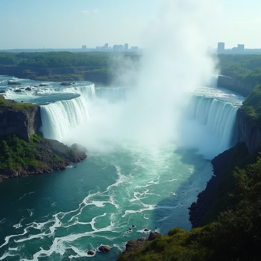 Panoramic view of Niagara Falls, showcasing American Falls, Horseshoe Falls, Bridal Veil Falls, misty atmosphere, green vegetation and rocky terrain, accentuating the immense natural power and scale of landscape