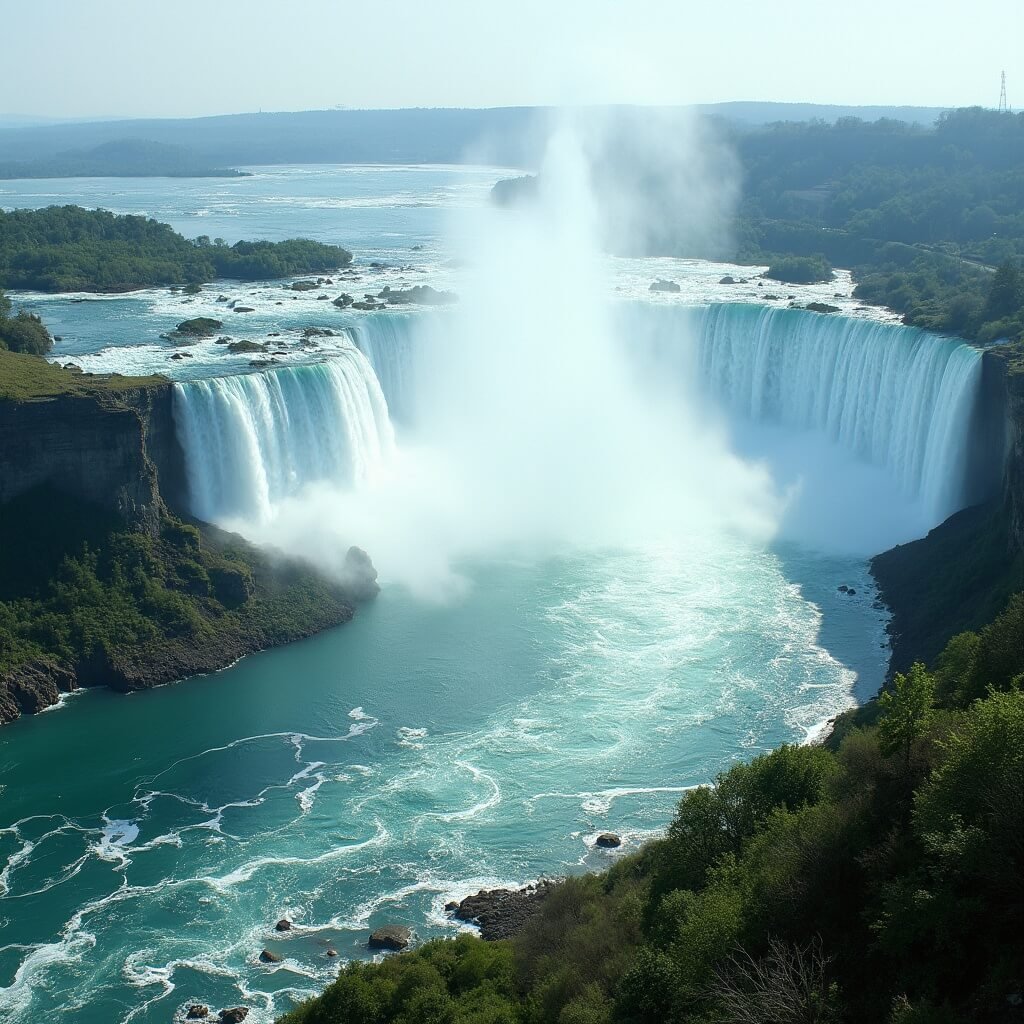 Panoramic view of Niagara Falls' three cascading waterfalls with surrounding rocky terrain and misty atmosphere illuminated by diffused sunlight