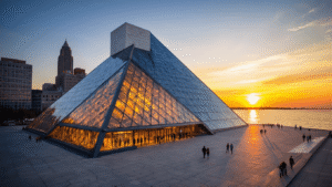 "Rock & Roll Hall of Fame's iconic glass pyramid reflecting sunset light, with visitors at the entrance and Cleveland skyline in the background during golden hour"